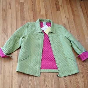 NWT Quacker Factory Green & Pink Silk Quilted Embellished Jacket ■ Size XL